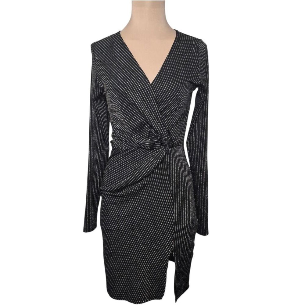 Altar'd State Black & Gold Pinstripe Faux Wrap Dress Size XS Y2K